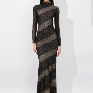 Alice + Olivia Black Lace Long Sleeve Gown with Nude Illusion Panels
